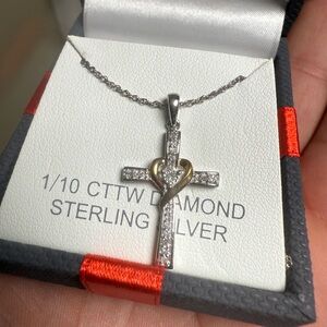 1/10 CTTW Diamond Sterling Silver Cross Necklace with Gold Heart Accent